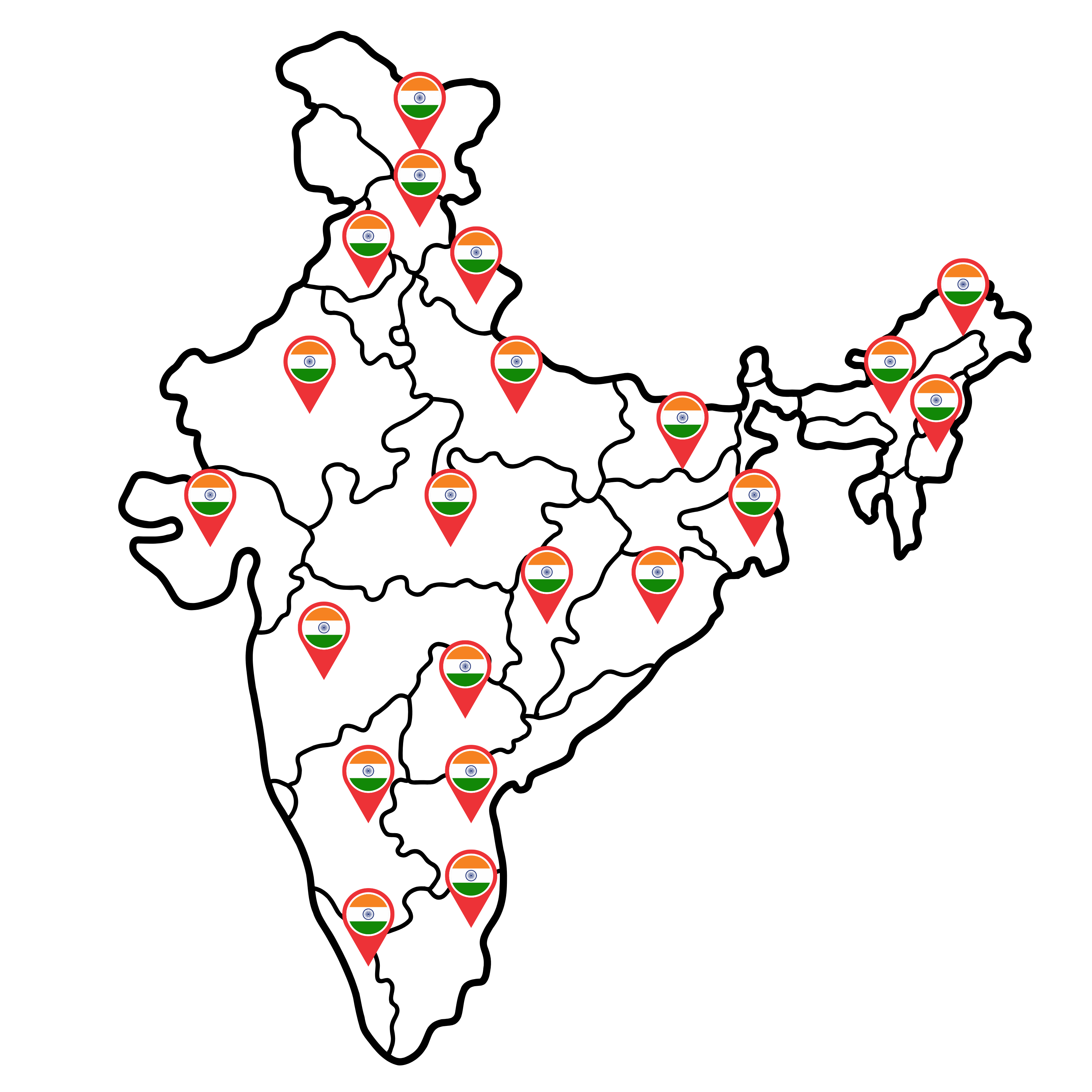 Map of India with location markers
